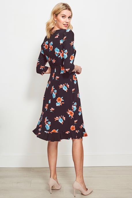 Black Floral Print Sweetheart Neck Dress