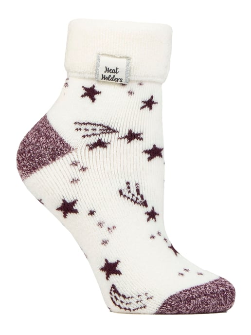 Mysiga damstrumpor med vändbar manschett | värmehållare | varma fluffiga loungestrumpor för vintern - Ivory/Cabernet Stars - Image 1