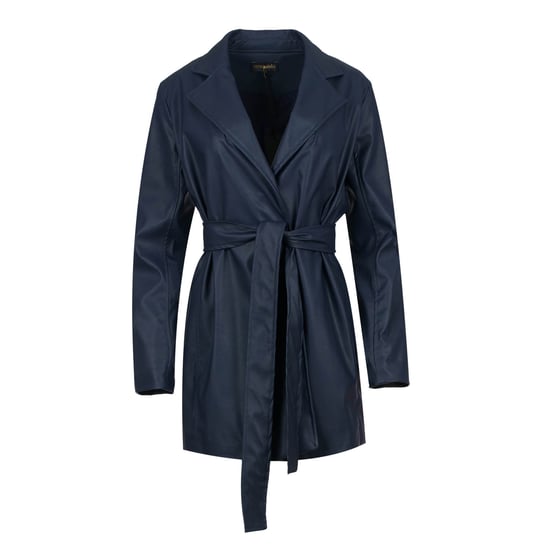 Navy Faux Leather Jacket with Belt