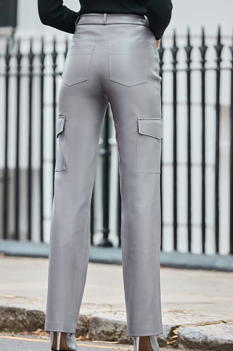 Grey Faux Leather Wide Leg Cargo Trousers With Pocket Detail