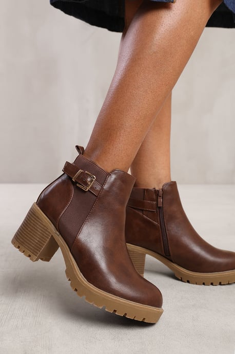 Wheres That From Womens 'Maylah' Mid Block Heel With Buckle Detail Stretch Ankle Boots