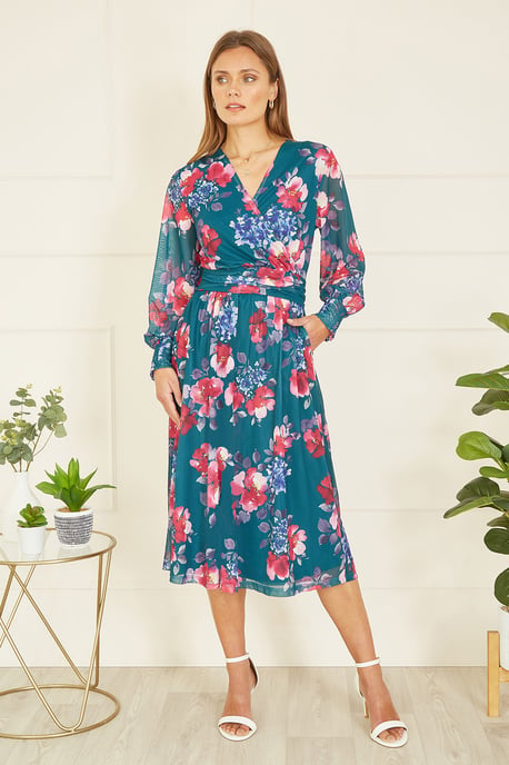 Green Floral Print Stretch Mesh Dress With Pockets