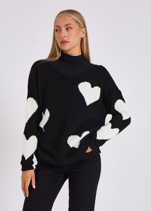Black V Neck Oversized Heart Knit Jumper