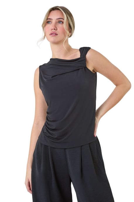 Ruched Twist Cowl Neck Stretch Top
