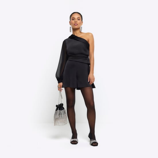 River Island Womens Playsuit Petite Black Satin One Shoulder