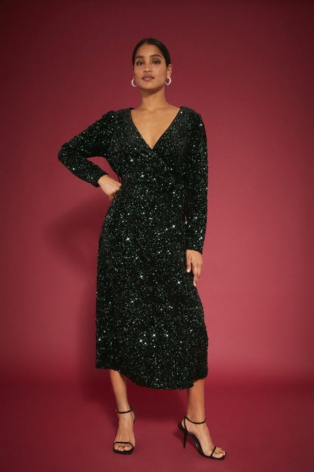 Velvet Sequin Wrap Midi Dress