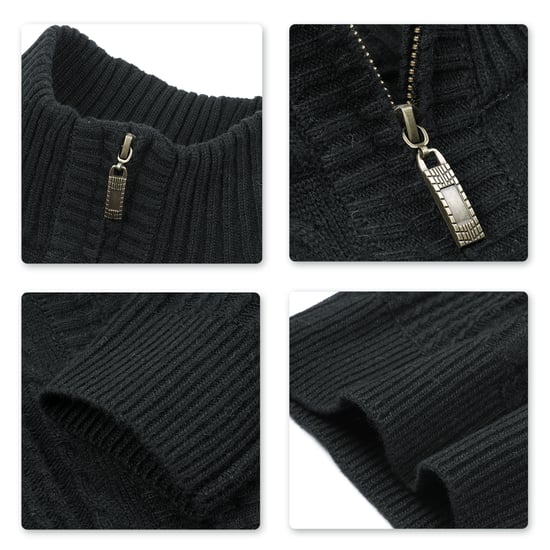 Men's Cardigan with Zip Cardigan Chunky Knit with Stand-Up Collar Black