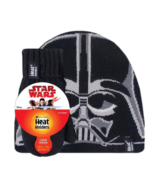 Heat Holders - Boys Fleece Lined Marvel/Star Wars Warm Thermal Ski Beanie Winter Hat and Mittens Set - Darth Vader - Image 2