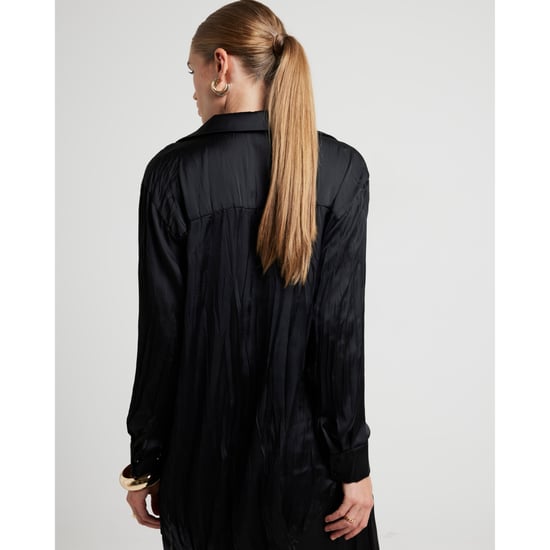 River Island Womens Shirt Black Crinkle Satin Collared Long Sleeve