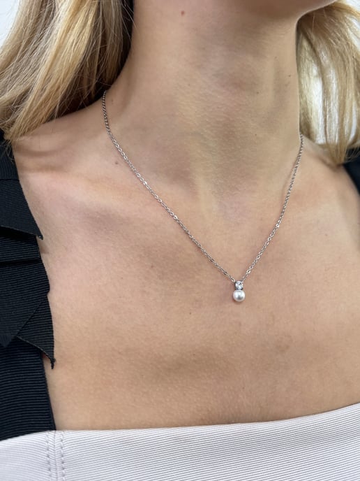 Pearl Diamante Necklace and Earrings Set in Silver