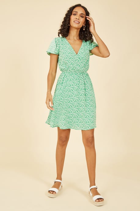 Green Ditsy Print Wrap Skater Dress