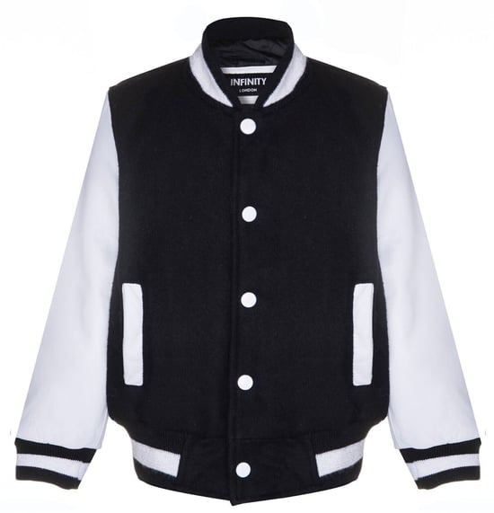 Kids Varsity Black & White Bomber Jacket with Real Leather Sleeves 3-13 yrs - Image 1