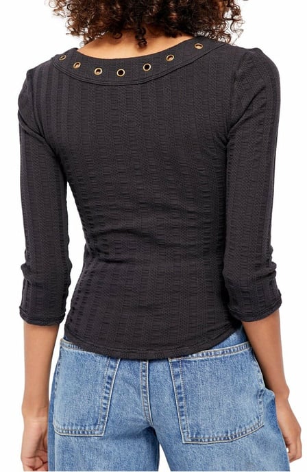 Free People Women's Blouse Black  3/4 Sleeve Grommet Lace-Up