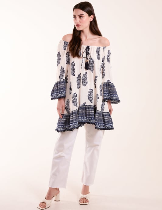 Mix Print Bardot Blouse With Tassel