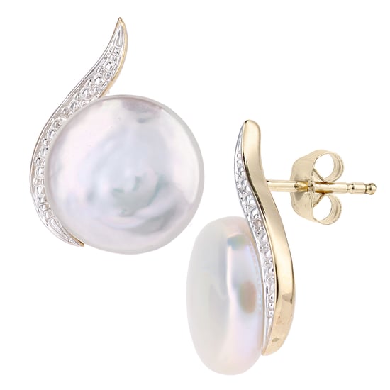 9ct Yellow Gold, 0.01ct Diamonds with White Cultured pearl Earrings - Image 2