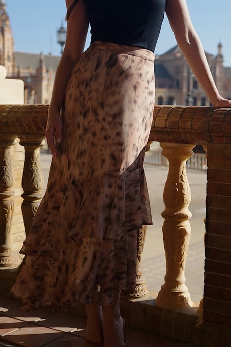 Natural Animal Print Ruffle Hem Midi Skirt