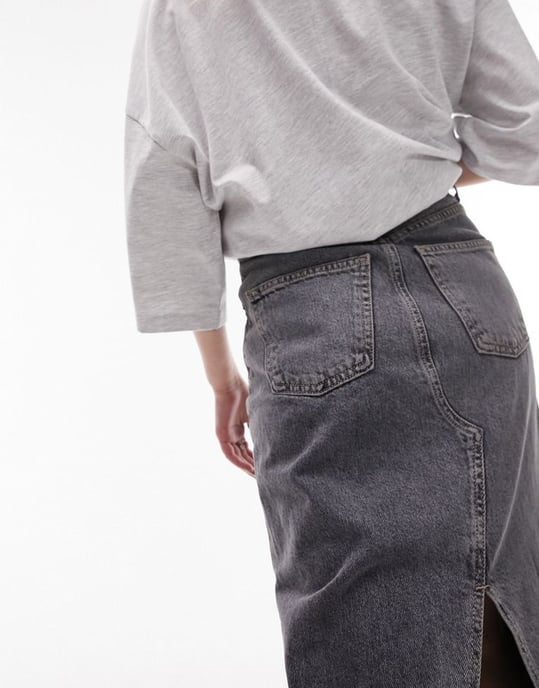 Topshop Petite denim column maxi skirt in dark grey - Image 4