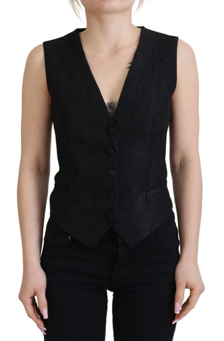 Dolce & Gabbana Women's Black Brocade Button Down Sleeveless Vest Top - Image 1