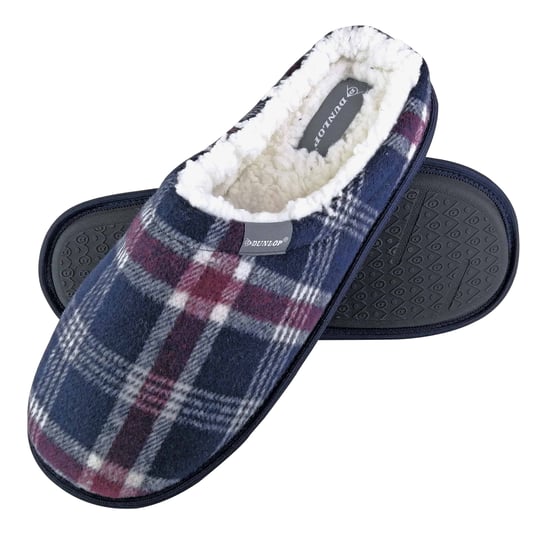 Dunlop - Mens Warm Plush Fleece Lined Slip on Mule Checked Plaid House Slippers - Image 1