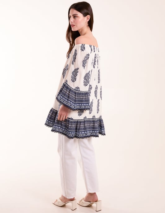 Mix Print Bardot Blouse With Tassel