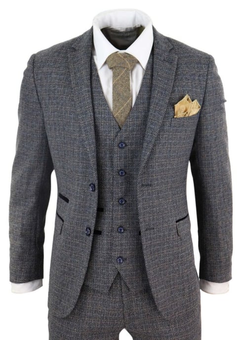 Mens 3 Piece Navy Blue Tweed Check Vintage Retro Suit - Image 1