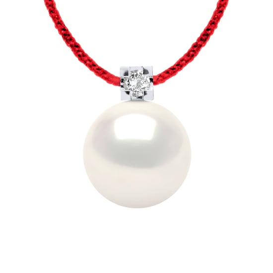DIADEMA - Necklace - Red Nylon - White Freshwater Pearl and Real Diamond