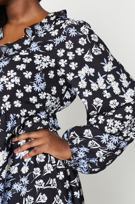 Curve Floral Button Front Ruffle Midi Dress