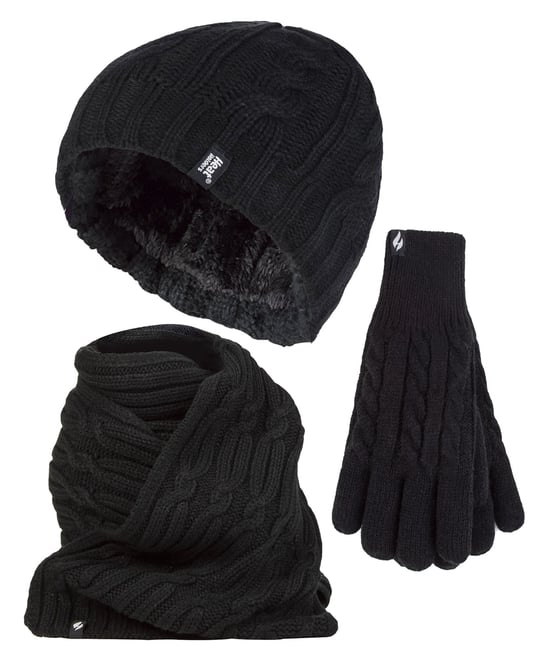 Heat Holders Dames Gebreide Muts Handschoen & Sjaal Set - Zwart - Image 1