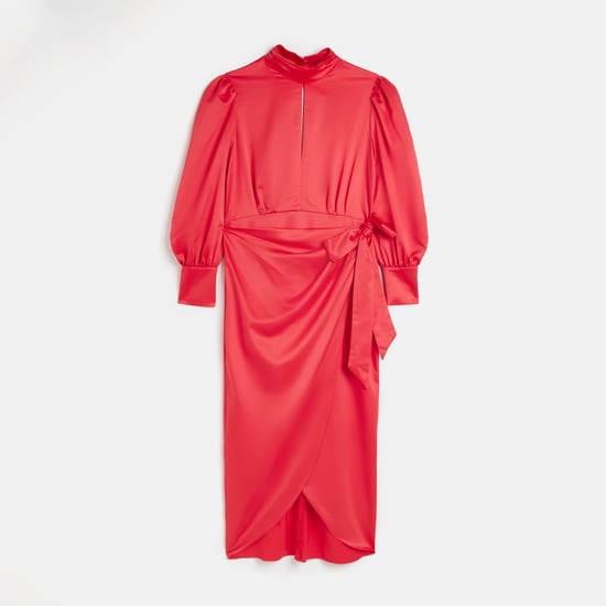 River Island Womens Wrap Midi Dress Red Cut Out Long Sleeve