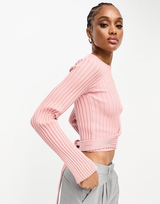 ASOS DESIGN Tall knitted crop top with tie back and flared sleeve in pink