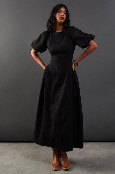 Seersucker Organza Godet Side Puff Sleeve Midi Dress