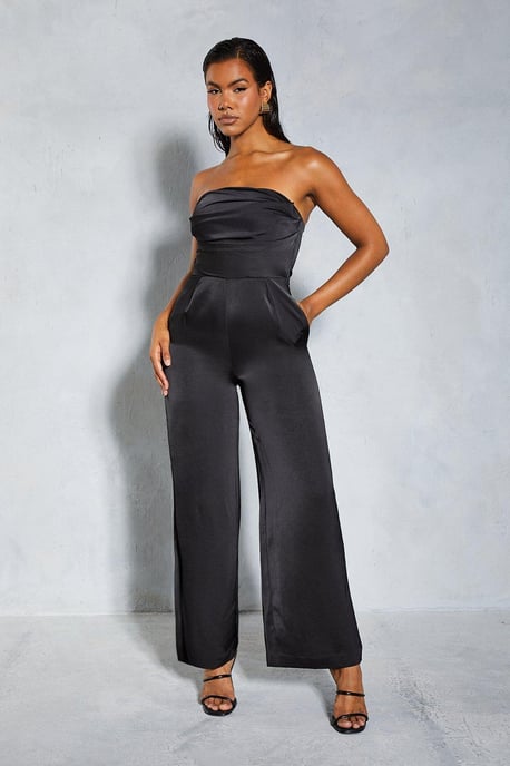 Satin Bandeau Ruched Bust Straight Leg Jumpsuit - Image 1