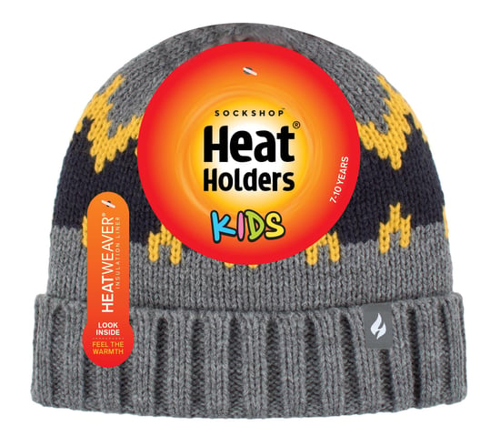 Heat Holders - Boys Thick Ribbed Woven Knitted Soft Pom Pom Bobble Beanie Hat - Pebble Melange/Gold/Navy - Image 2