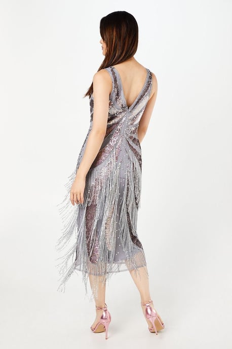 Hand Embellished Fringe Sequin Midi Dress