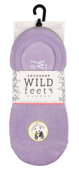 2 Pack Ladies Bamboo No Show Socks | Wildfeet | Novelty Cushion Invisible Socks - Lilac / Grey