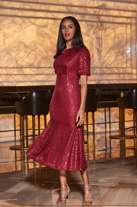 Red Sequin Fit & Flare Puff Sleeve Midi Dress