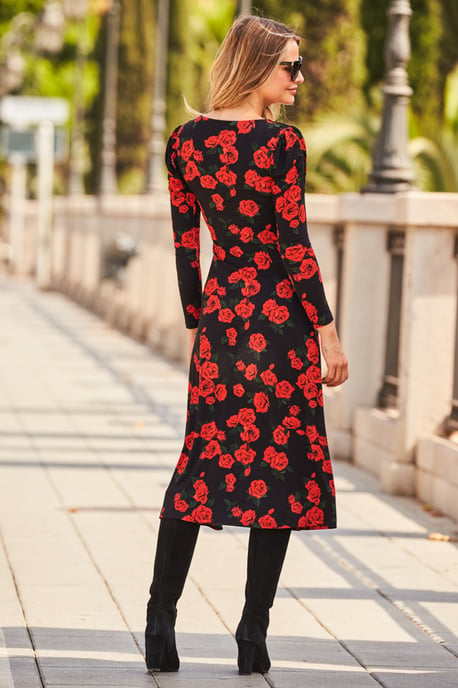 Black & Red Floral Print Ruched Front V Neck Midi Jersey Dress