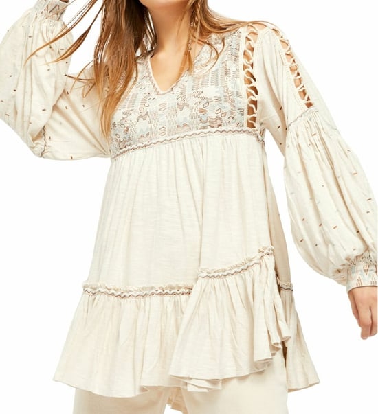 Free People Women's Blouse Beige Embroidered Tunic