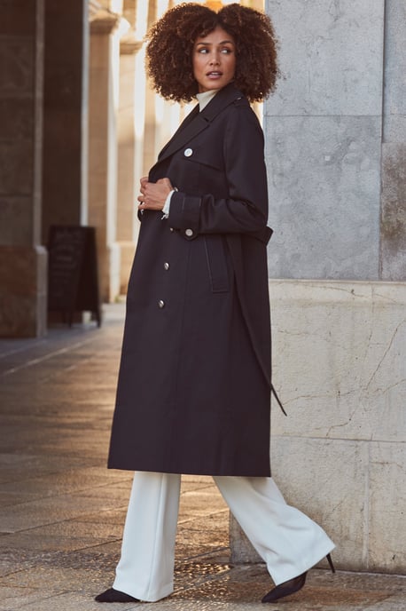 Black Longline Trench Coat With Faux Leather Trim