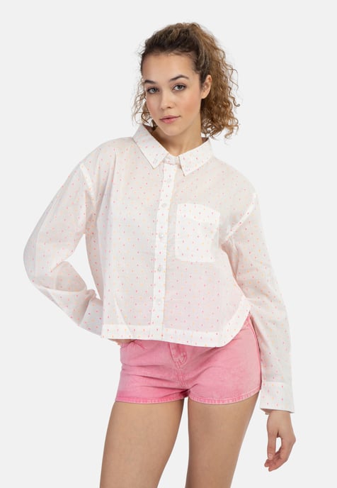 Mymo overhemdblouse Dames Wit roze oranje stippen - Image 3