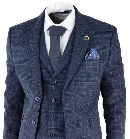 Mens Blue Check 3 Piece Tweed Suit Peaky Blinders 1920s Gatsby Tailored Fit - Image 3