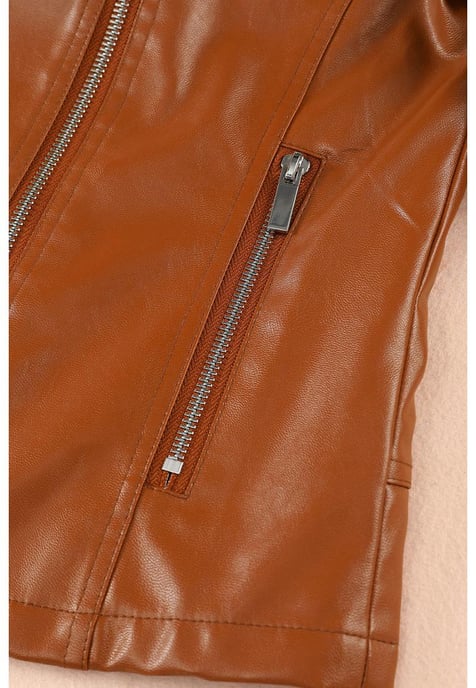 Women's Ribbed Seam Detail Faux Leather Motorcycle Jacket in Brown - Image 4