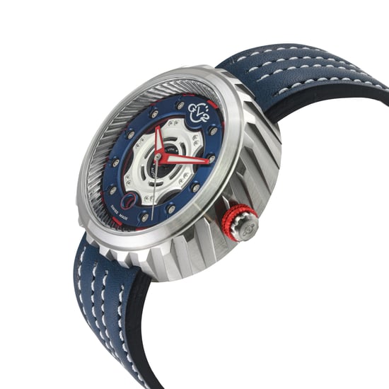GV2 Motorcycle SS Case, Blue dial, Red hands, Genuine Handmade Italian Leather Blue/White Strap