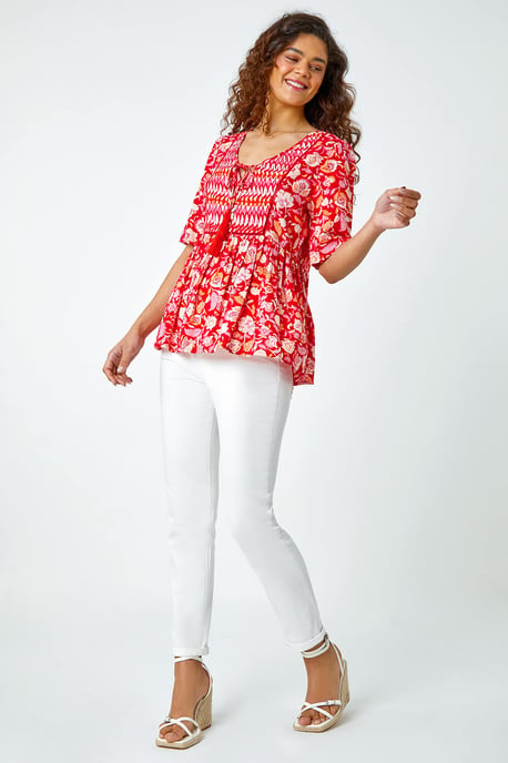 Floral Border Tie V-Neck Smock Top