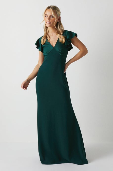 Petite V Neck Angel Sleeve Satin Bridesmaids Dress