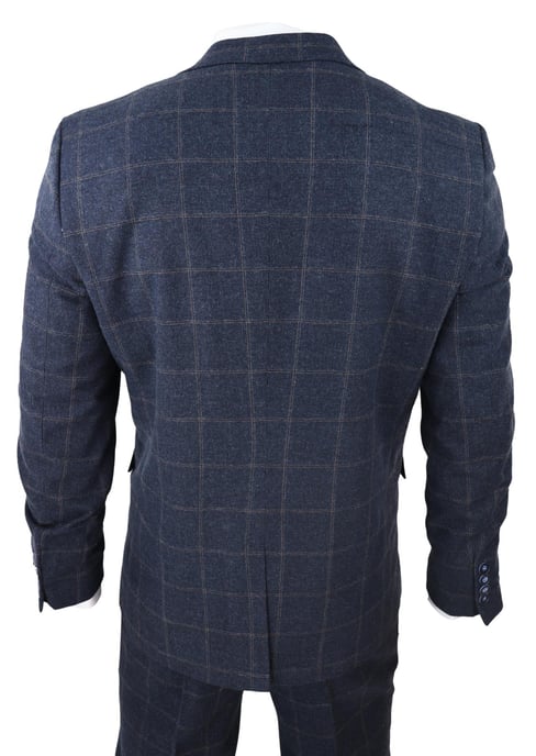 Mens 3 Piece Wool Suit Navy Blue Tweed Check Peaky Blinders 1920 Gatsby Formal - Image 6
