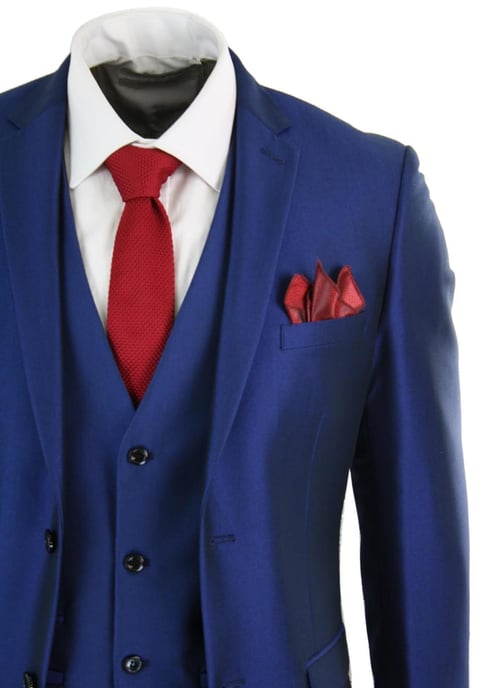 Mens 3 Piece Shiny Royal Blue Classic Suit - Image 5