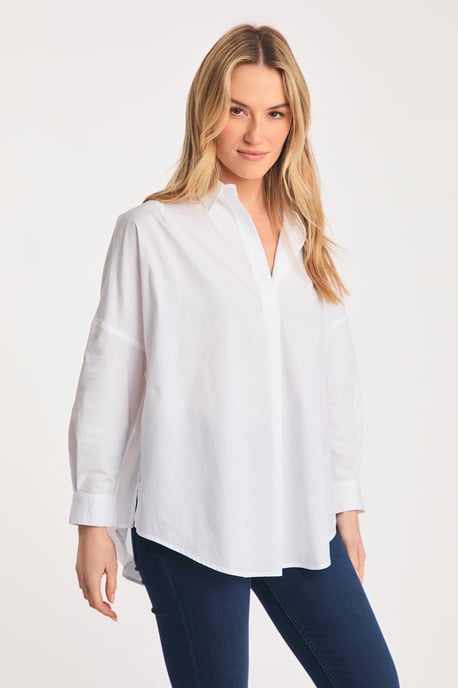 White Cotton Long Sleeve Poplin Popover High-Low Hem Shirt - Image 5