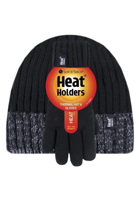 Heat Holders - Children Boys Winter Warm Fleece Lined Insulated Knit Turn Over Cuff Ribbed Hat and Gloves Set - BS2P9710 - Image 2