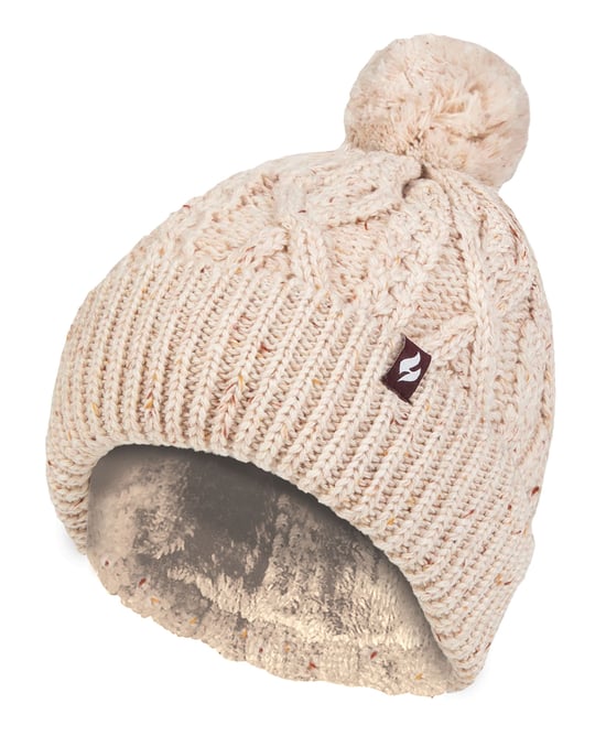 Ladies Pom Pom Bobble Hat | Heat Holders | Fashionable Chunky Warm Cable Knit Beanie with Heatweaver Fleece Lining | Salzburg Style - Natural - Image 1
